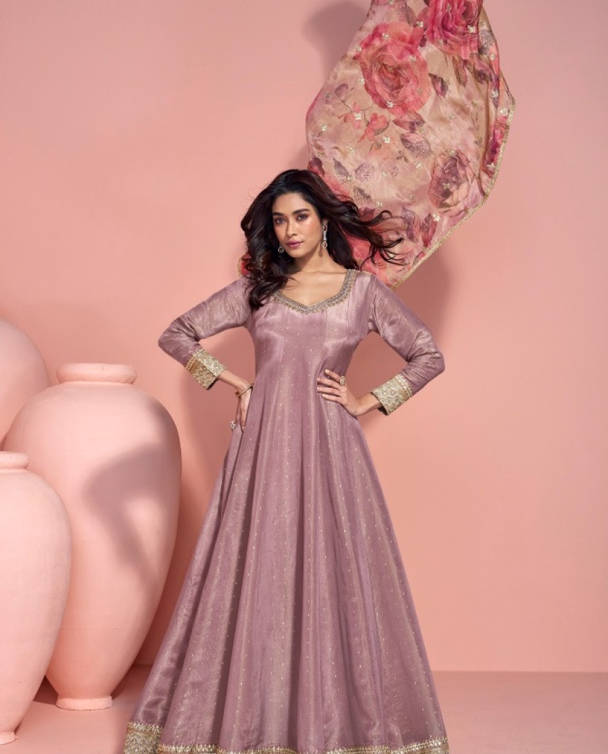 2025 - DULL MAUVE DESIGNER EMBROIDERED PURE JACQUARD SILK ANARKALI SUIT